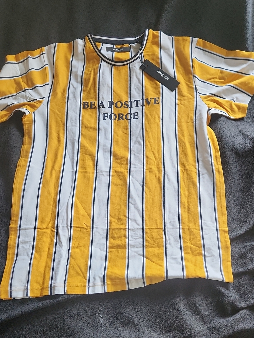 Mens Yellow & White Vertical Stripe Tee with Positive Slogan